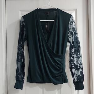 Adiva Deep Green Wrap Blouse with Lace Sleeves